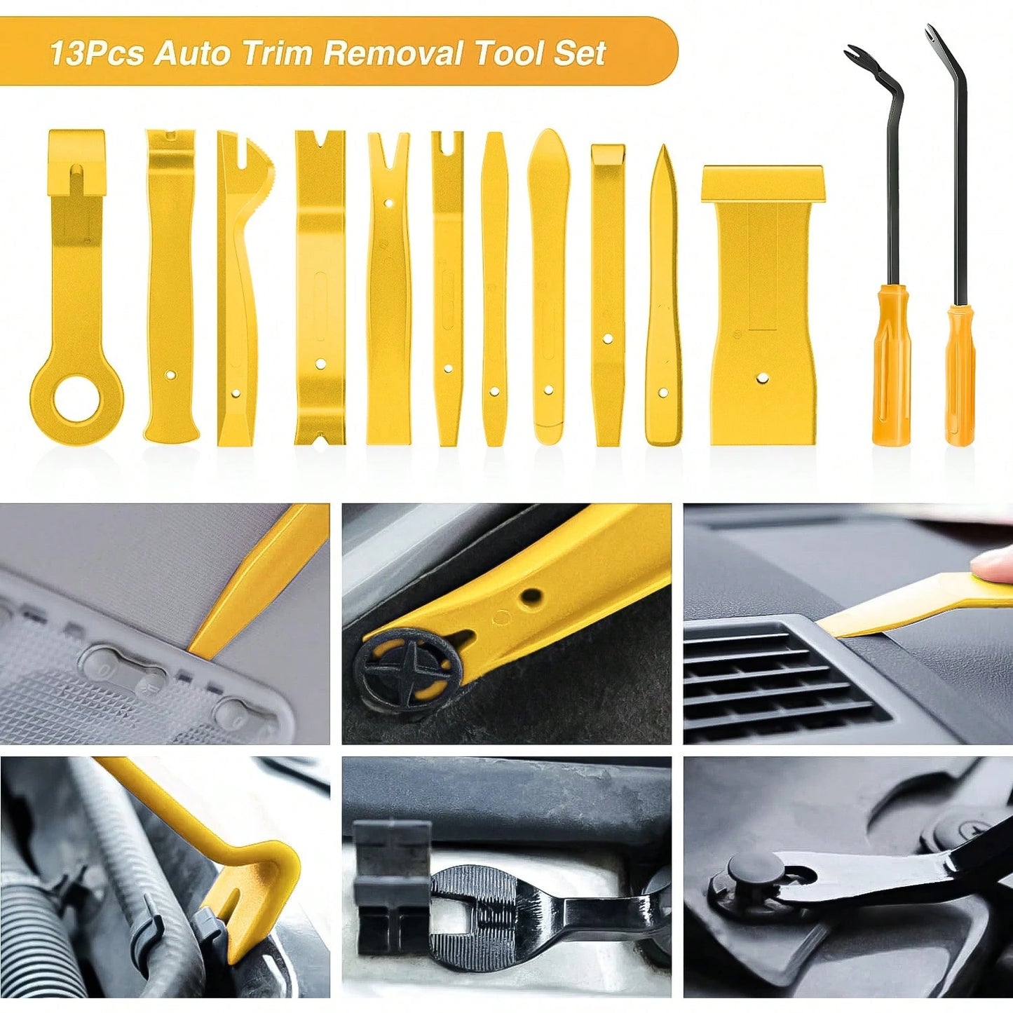 Nilight 13PCS Nylon Trim Removal Tool Set| For Bumper Fastener Rivet Clips Car Door Clip Panel Audio Video Dashboard Dismantle Yellow