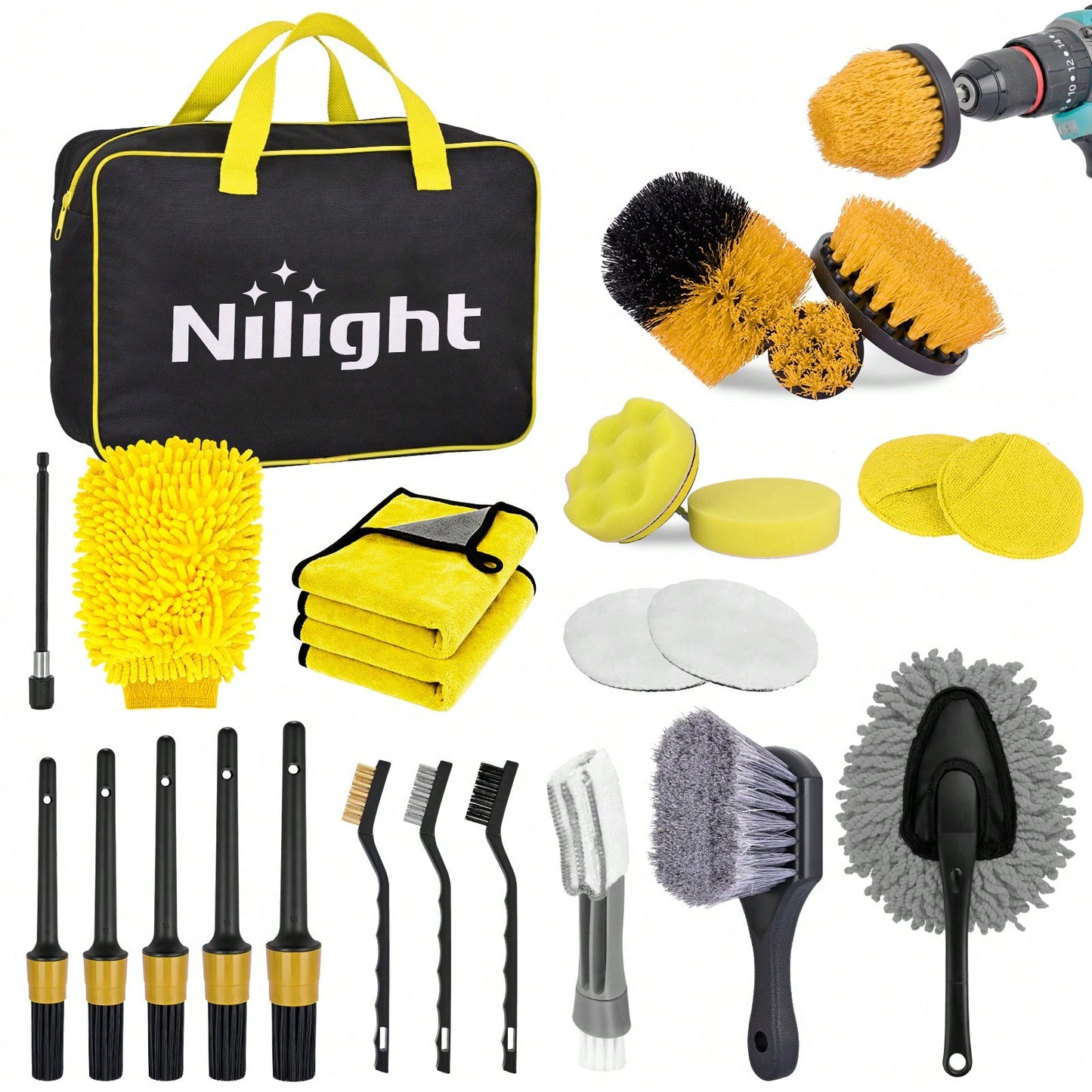 Nilight 27PCS Car Detailing Kit With Storage Carry Bag, Complete Auto Cleaning Tools Set For Interior & Exterior Deep Cleaning, Dashboard, Seats, Air Vents, Wheels, Tires & Windshield Care, Yellow
