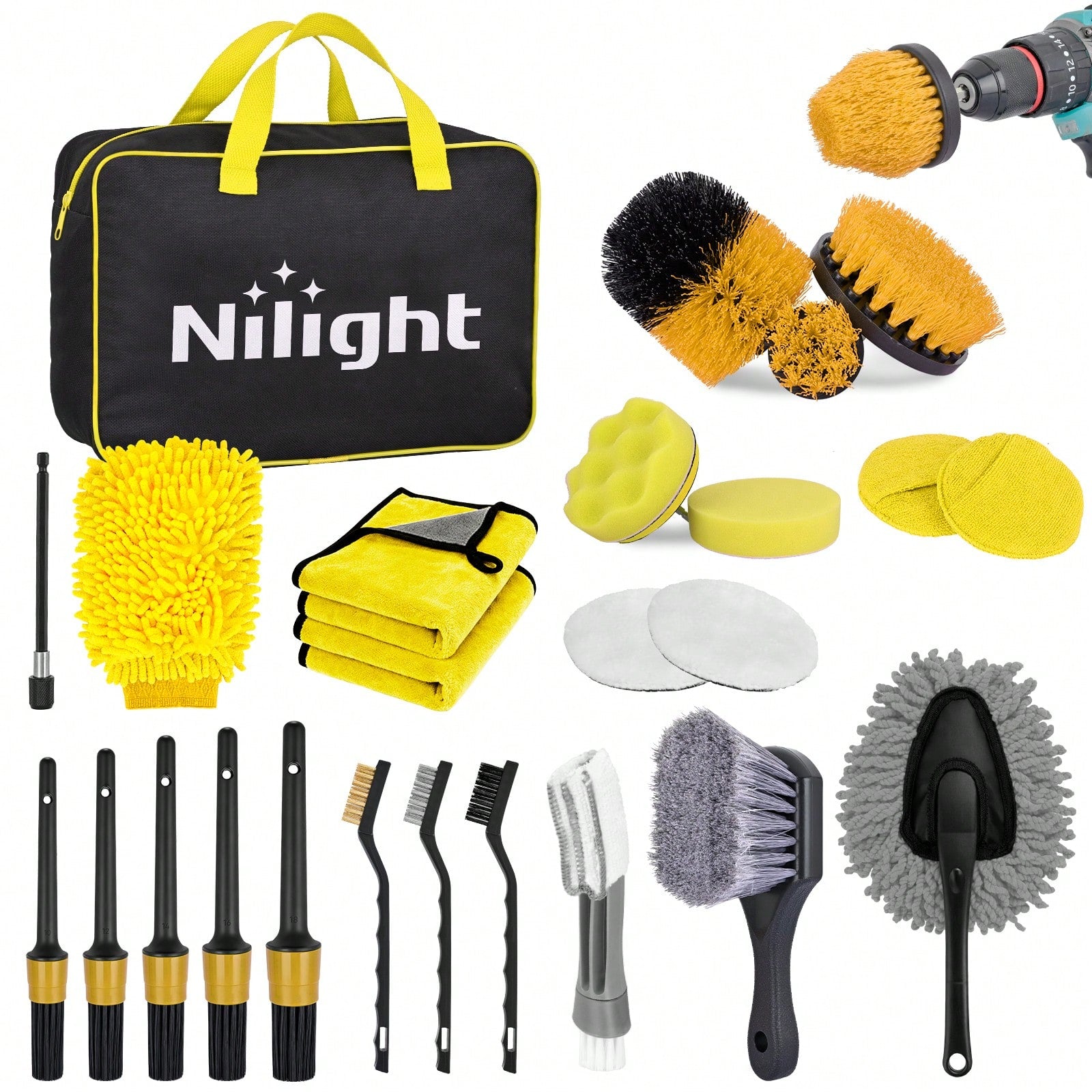 Nilight 27PCS Car Detailing Kit With Storage Carry Bag, Complete Auto Cleaning Tools Set For Interior & Exterior Deep Cleaning, Dashboard, Seats, Air Vents, Wheels, Tires & Windshield Care, Yellow