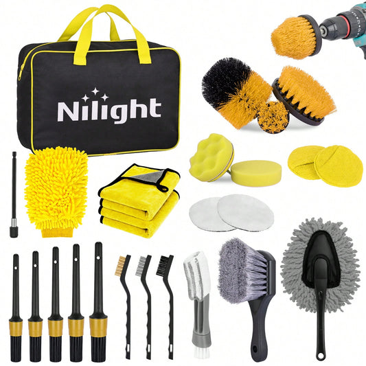Nilight 27PCS Car Detailing Kit With Storage Carry Bag, Complete Auto Cleaning Tools Set For Interior & Exterior Deep Cleaning, Dashboard, Seats, Air Vents, Wheels, Tires & Windshield Care, Yellow