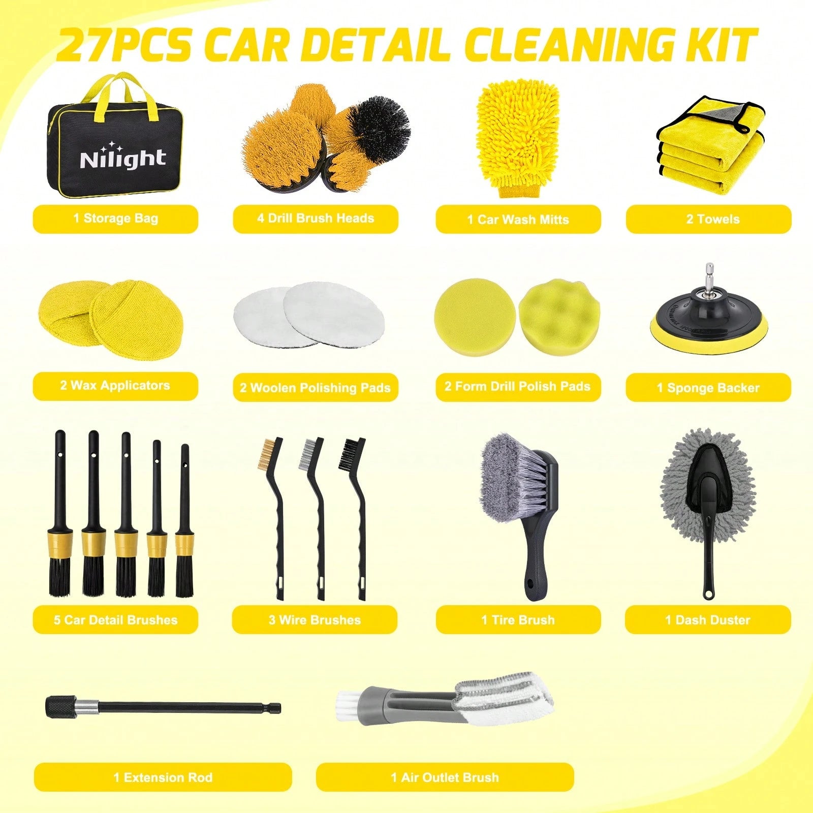 Nilight 27PCS Car Detailing Kit With Storage Carry Bag, Complete Auto Cleaning Tools Set For Interior & Exterior Deep Cleaning, Dashboard, Seats, Air Vents, Wheels, Tires & Windshield Care, Yellow