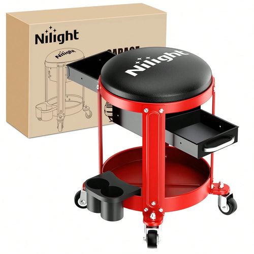 nilight 3-In-1/2-In-1 Z-Shaped Auto Repair Bench With Wheeled Tool Tray And 2 Cup Holder, 300LB Foldable And Adjustable Rolling Garage Seat With Two Drawers, Features 4 Wheels For Under-Car Repair.