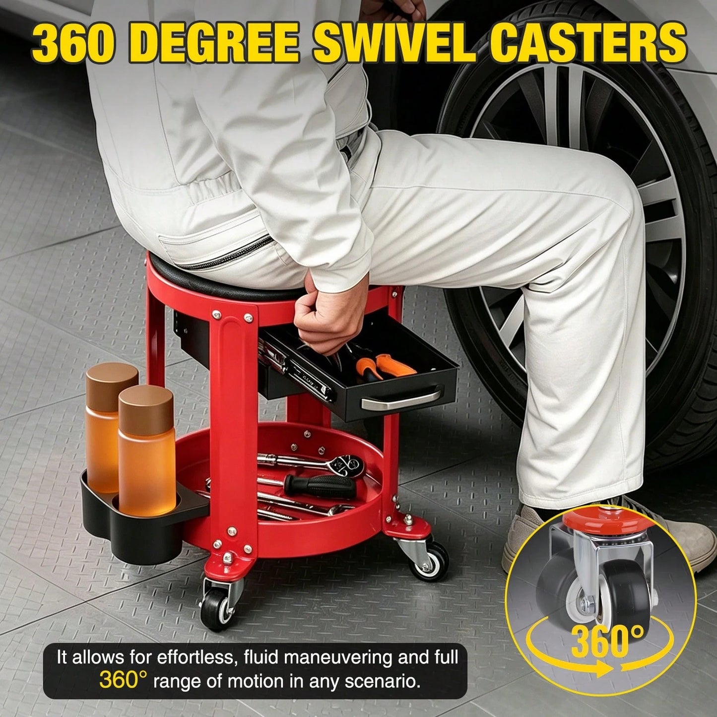 nilight 3-In-1/2-In-1 Z-Shaped Auto Repair Bench With Wheeled Tool Tray And 2 Cup Holder, 300LB Foldable And Adjustable Rolling Garage Seat With Two Drawers, Features 4 Wheels For Under-Car Repair.