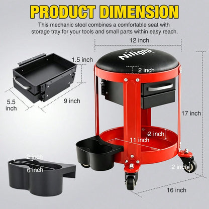 nilight 3-In-1/2-In-1 Z-Shaped Auto Repair Bench With Wheeled Tool Tray And 2 Cup Holder, 300LB Foldable And Adjustable Rolling Garage Seat With Two Drawers, Features 4 Wheels For Under-Car Repair.