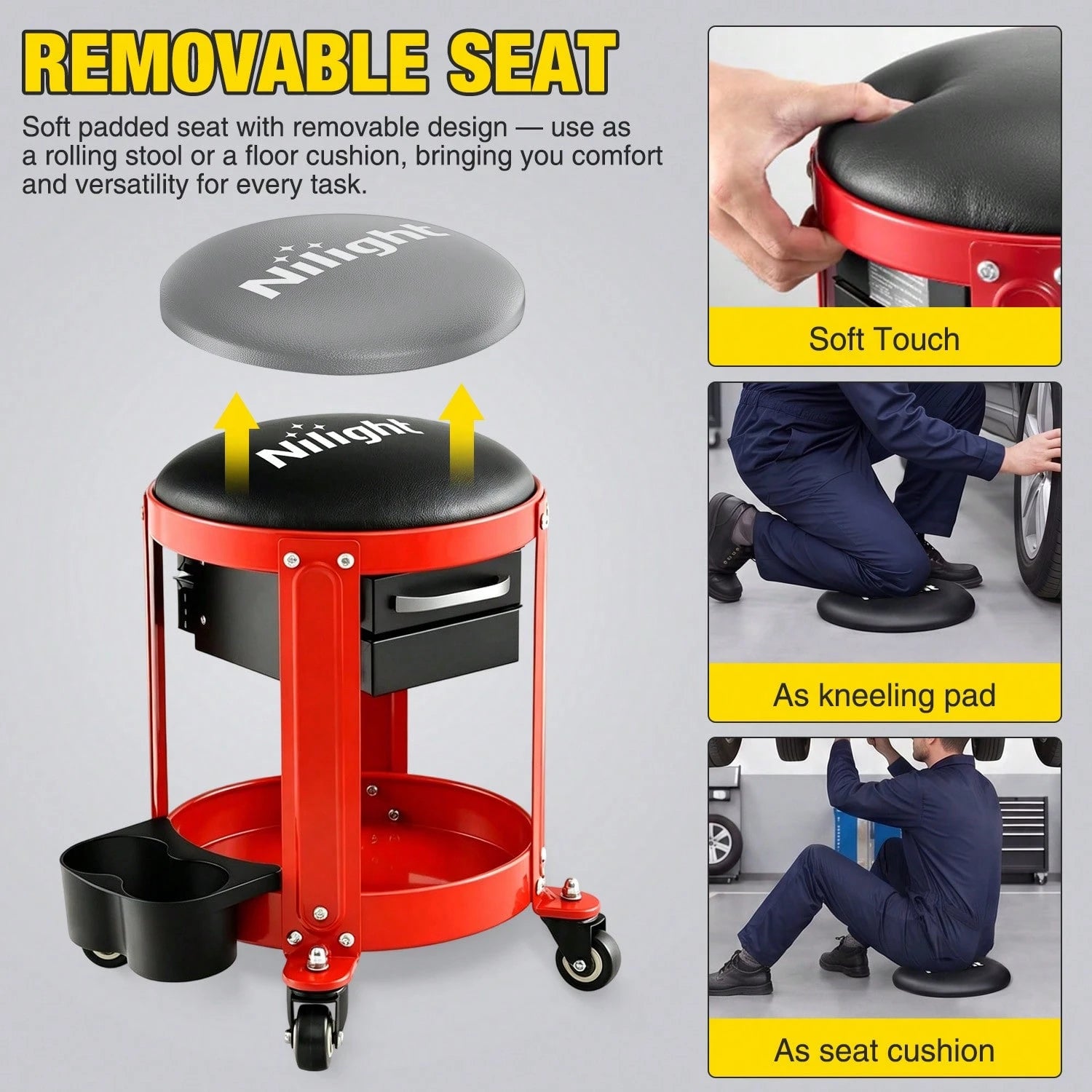 nilight 3-In-1/2-In-1 Z-Shaped Auto Repair Bench With Wheeled Tool Tray And 2 Cup Holder, 300LB Foldable And Adjustable Rolling Garage Seat With Two Drawers, Features 4 Wheels For Under-Car Repair.