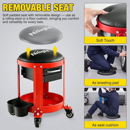 nilight 3-In-1/2-In-1 Z-Shaped Auto Repair Bench With Wheeled Tool Tray And 2 Cup Holder, 300LB Foldable And Adjustable Rolling Garage Seat With Two Drawers, Features 4 Wheels For Under-Car Repair.