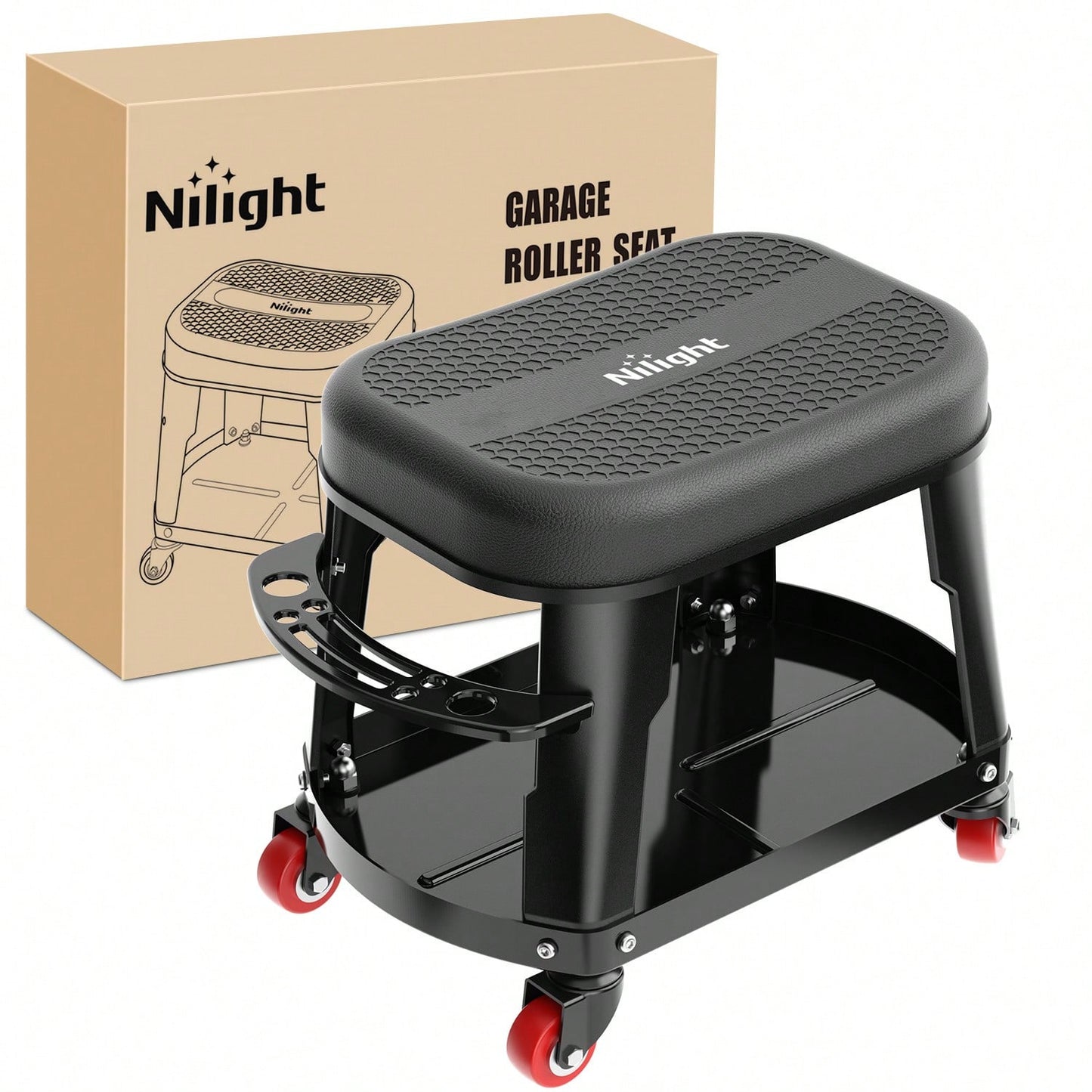 Nilight Rolling Mechanic Stool 300LBS Black Garage Seat With Tool Tray| Large Side Storage 4 Rollers 360 Degree Swivel Casters Heavy Duty Steel For Garage Workshop Auto Repair