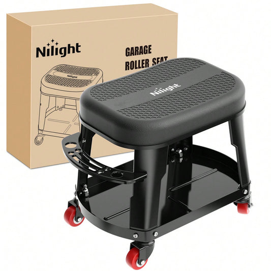 Nilight Rolling Mechanic Stool 300LBS Black Garage Seat With Tool Tray| Large Side Storage 4 Rollers 360 Degree Swivel Casters Heavy Duty Steel For Garage Workshop Auto Repair
