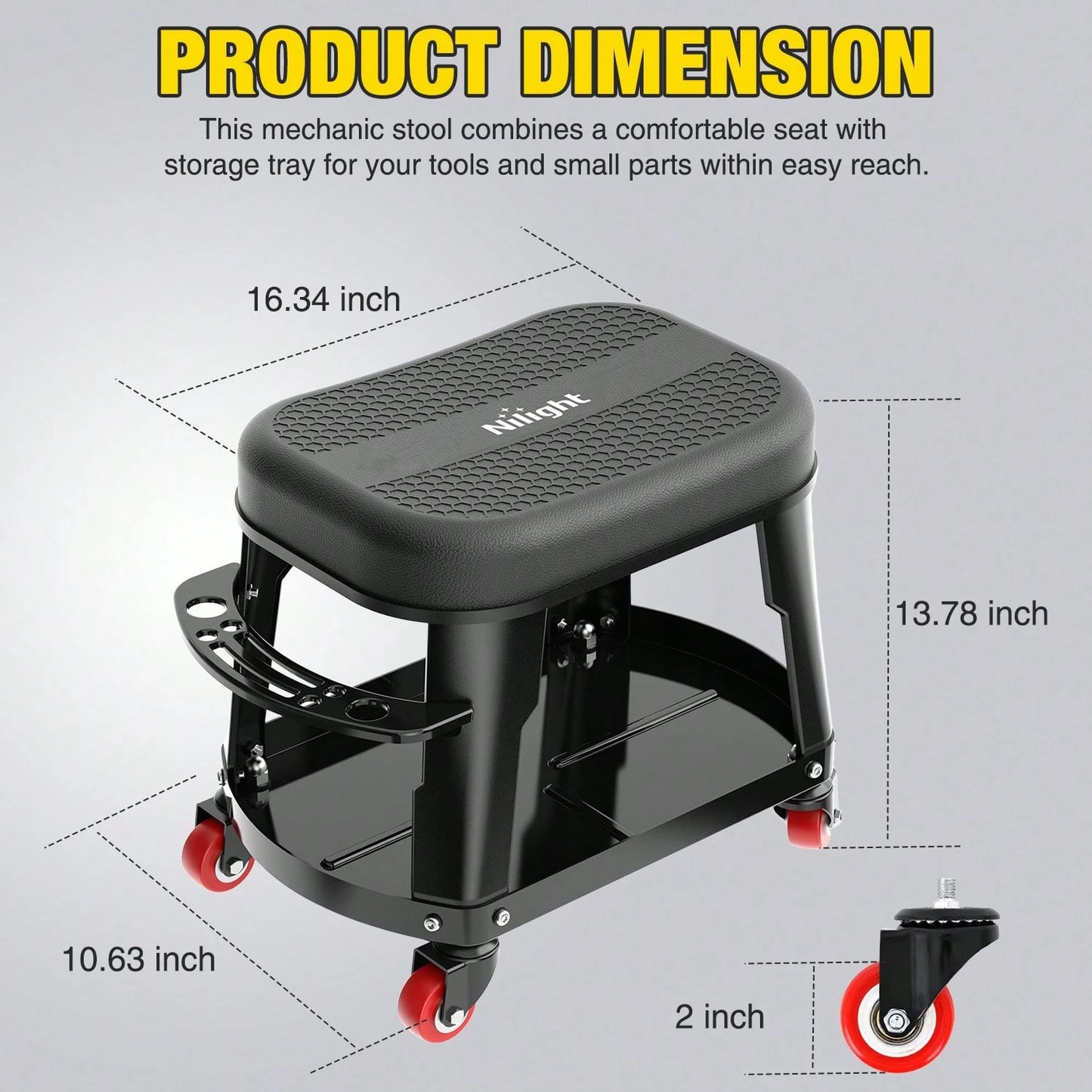 Nilight Rolling Mechanic Stool 300LBS Black Garage Seat With Tool Tray| Large Side Storage 4 Rollers 360 Degree Swivel Casters Heavy Duty Steel For Garage Workshop Auto Repair