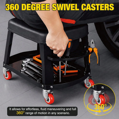 Nilight Rolling Mechanic Stool 300LBS Black Garage Seat With Tool Tray| Large Side Storage 4 Rollers 360 Degree Swivel Casters Heavy Duty Steel For Garage Workshop Auto Repair
