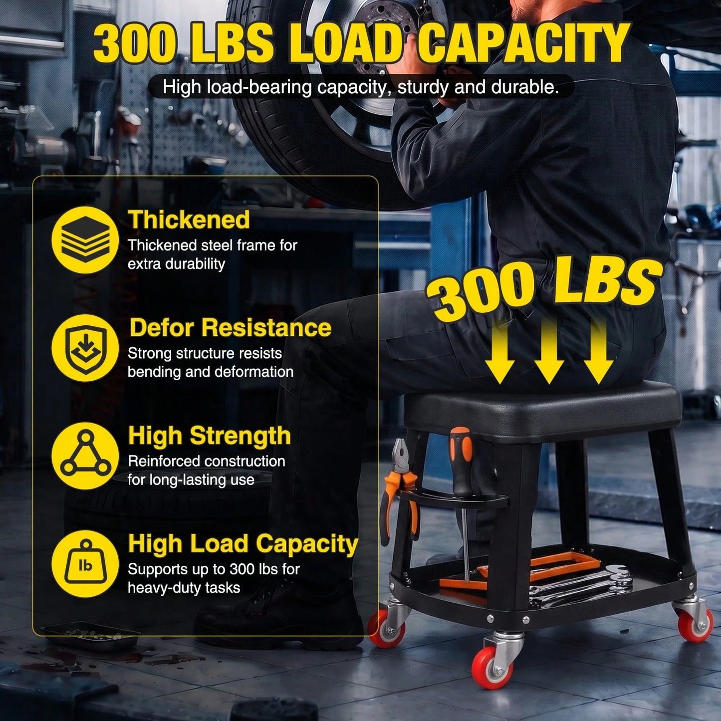 Nilight Rolling Mechanic Stool 300LBS Black Garage Seat With Tool Tray| Large Side Storage 4 Rollers 360 Degree Swivel Casters Heavy Duty Steel For Garage Workshop Auto Repair