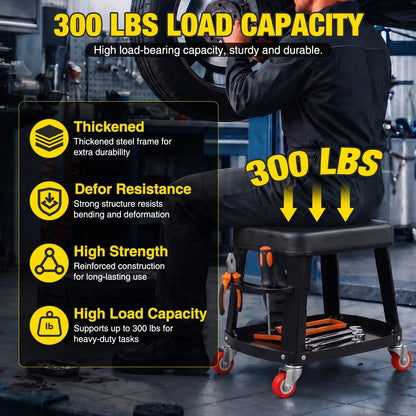 Nilight Rolling Mechanic Stool 300LBS Black Garage Seat With Tool Tray| Large Side Storage 4 Rollers 360 Degree Swivel Casters Heavy Duty Steel For Garage Workshop Auto Repair