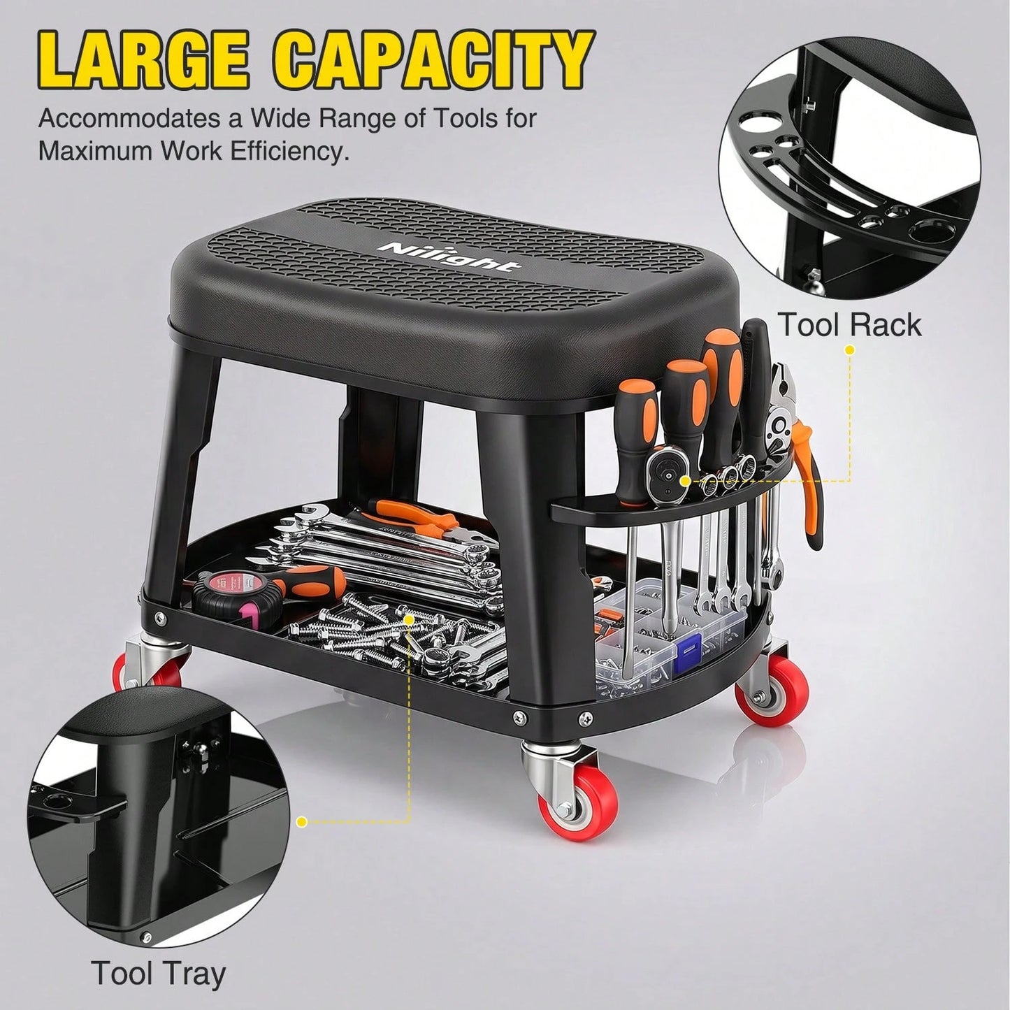 Nilight Rolling Mechanic Stool 300LBS Black Garage Seat With Tool Tray| Large Side Storage 4 Rollers 360 Degree Swivel Casters Heavy Duty Steel For Garage Workshop Auto Repair