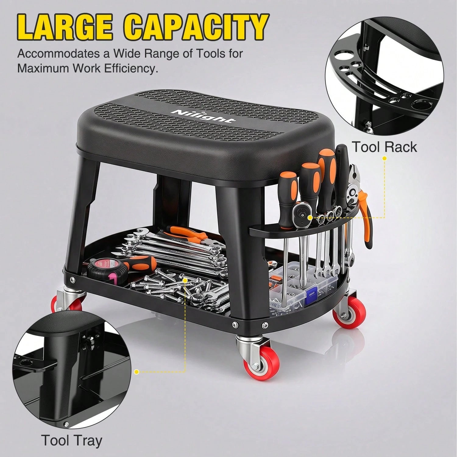 Nilight Rolling Mechanic Stool 300LBS Black Garage Seat With Tool Tray| Large Side Storage 4 Rollers 360 Degree Swivel Casters Heavy Duty Steel For Garage Workshop Auto Repair