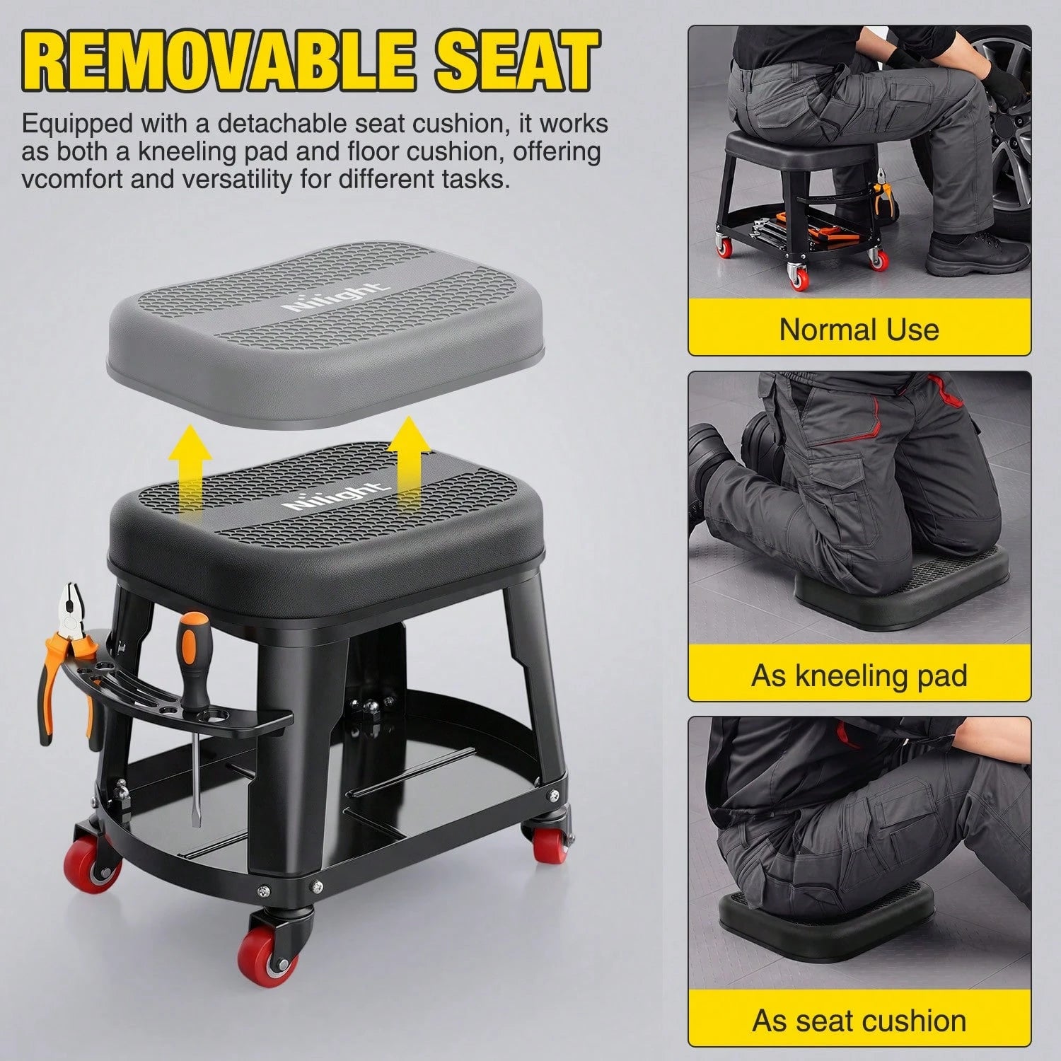 Nilight Rolling Mechanic Stool 300LBS Black Garage Seat With Tool Tray| Large Side Storage 4 Rollers 360 Degree Swivel Casters Heavy Duty Steel For Garage Workshop Auto Repair