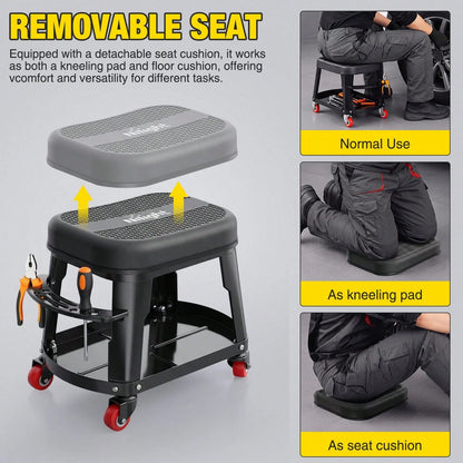 Nilight Rolling Mechanic Stool 300LBS Black Garage Seat With Tool Tray| Large Side Storage 4 Rollers 360 Degree Swivel Casters Heavy Duty Steel For Garage Workshop Auto Repair