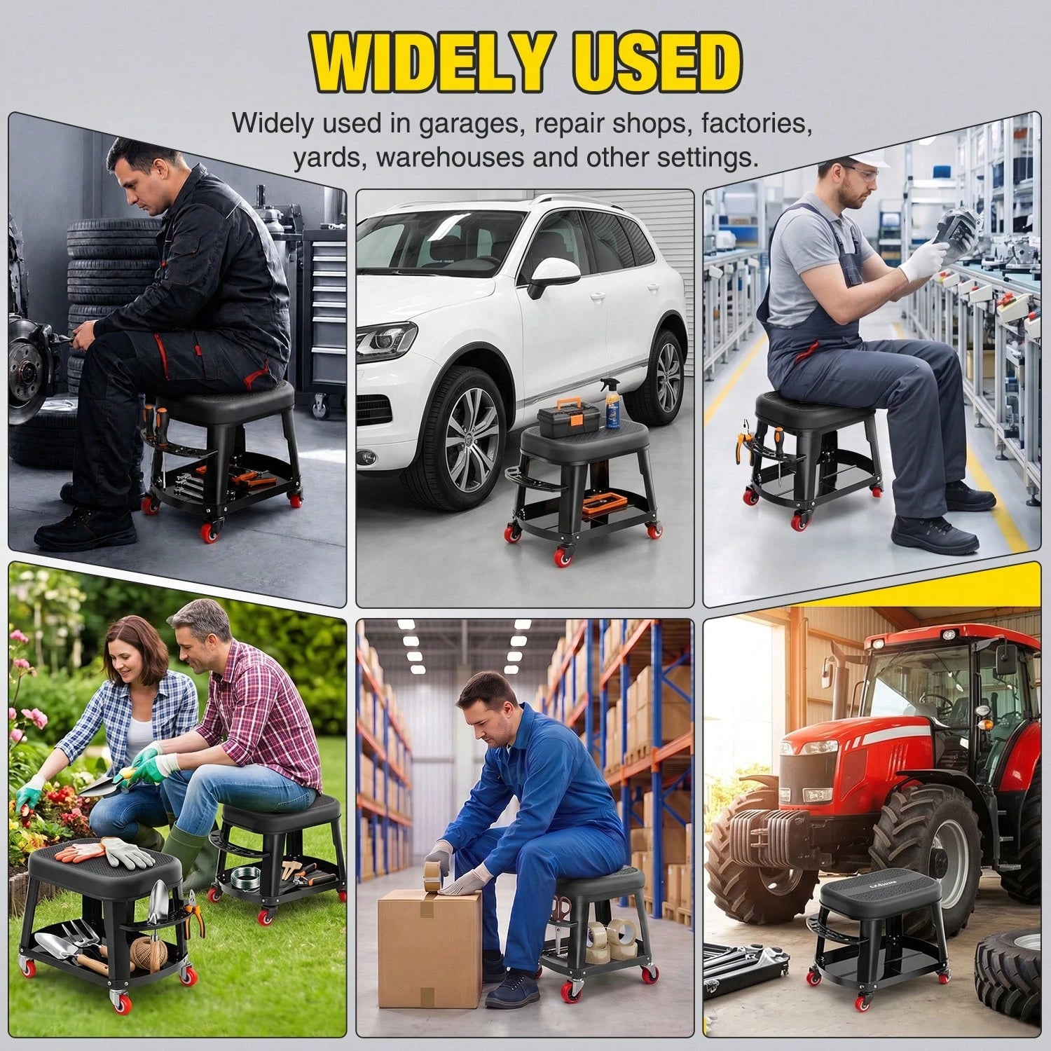 Nilight Rolling Mechanic Stool 300LBS Black Garage Seat With Tool Tray| Large Side Storage 4 Rollers 360 Degree Swivel Casters Heavy Duty Steel For Garage Workshop Auto Repair