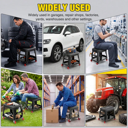 Nilight Rolling Mechanic Stool 300LBS Black Garage Seat With Tool Tray| Large Side Storage 4 Rollers 360 Degree Swivel Casters Heavy Duty Steel For Garage Workshop Auto Repair