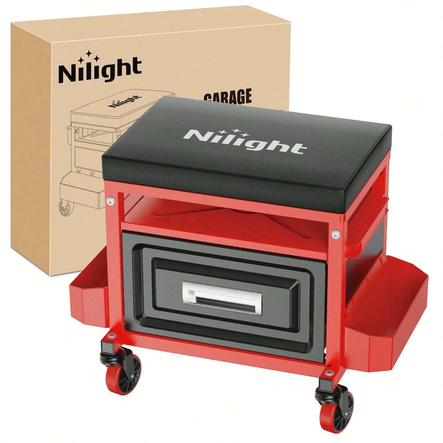 Nilight Rolling Mechanic Stool 350LBS Red Adjustable Garage Creeper Seat| Adjustable Height Three Side Storage Drawer Tool Trays Thick Padded Seat 360 Degree Casters Heavy Duty Steel For Garage Shop