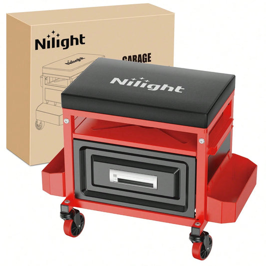 Nilight Rolling Mechanic Stool 350LBS Red Adjustable Garage Creeper Seat| Adjustable Height Three Side Storage Drawer Tool Trays Thick Padded Seat 360 Degree Casters Heavy Duty Steel For Garage Shop