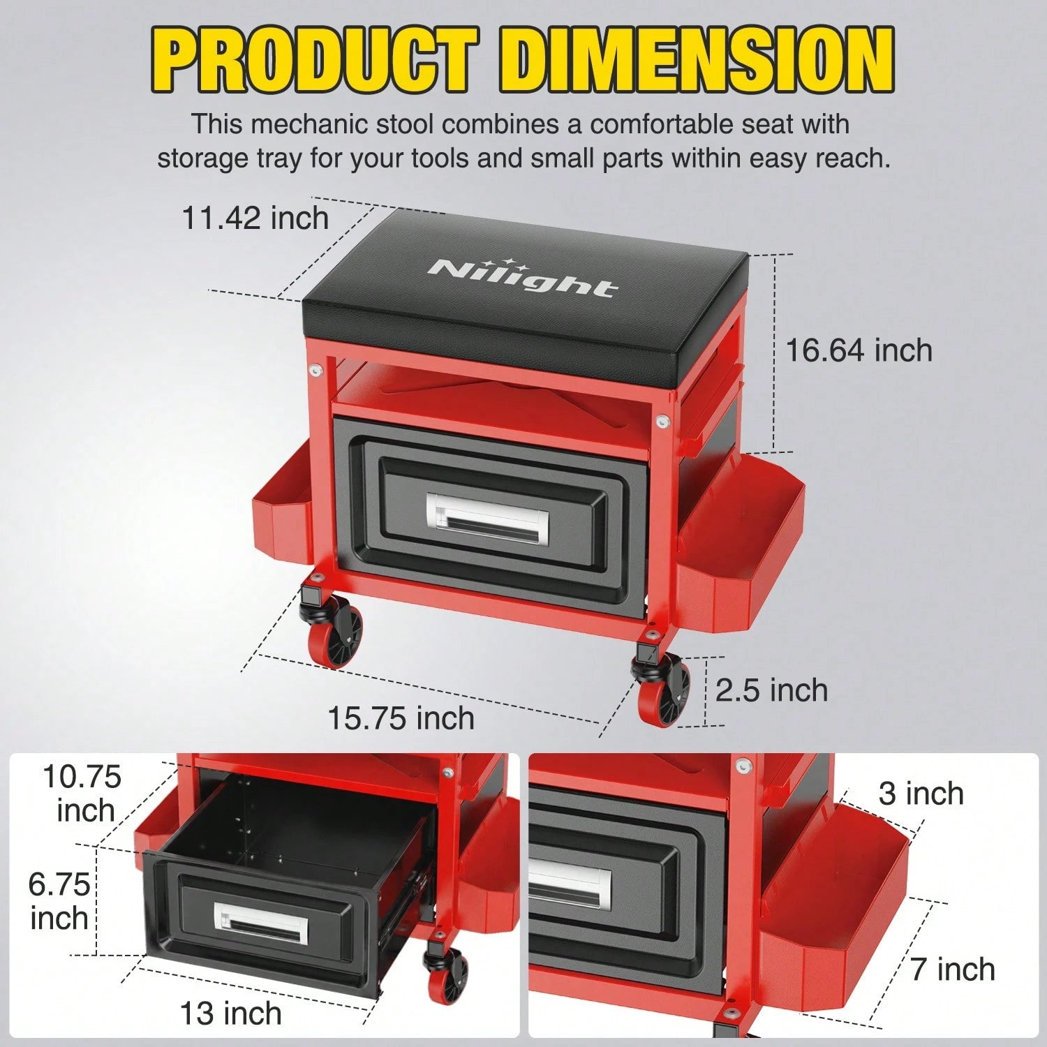 Nilight Rolling Mechanic Stool 350LBS Red Adjustable Garage Creeper Seat| Adjustable Height Three Side Storage Drawer Tool Trays Thick Padded Seat 360 Degree Casters Heavy Duty Steel For Garage Shop