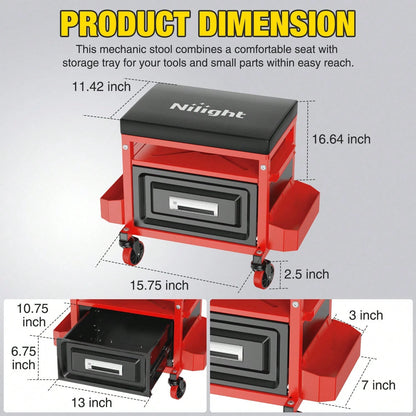 Nilight Rolling Mechanic Stool 350LBS Red Adjustable Garage Creeper Seat| Adjustable Height Three Side Storage Drawer Tool Trays Thick Padded Seat 360 Degree Casters Heavy Duty Steel For Garage Shop