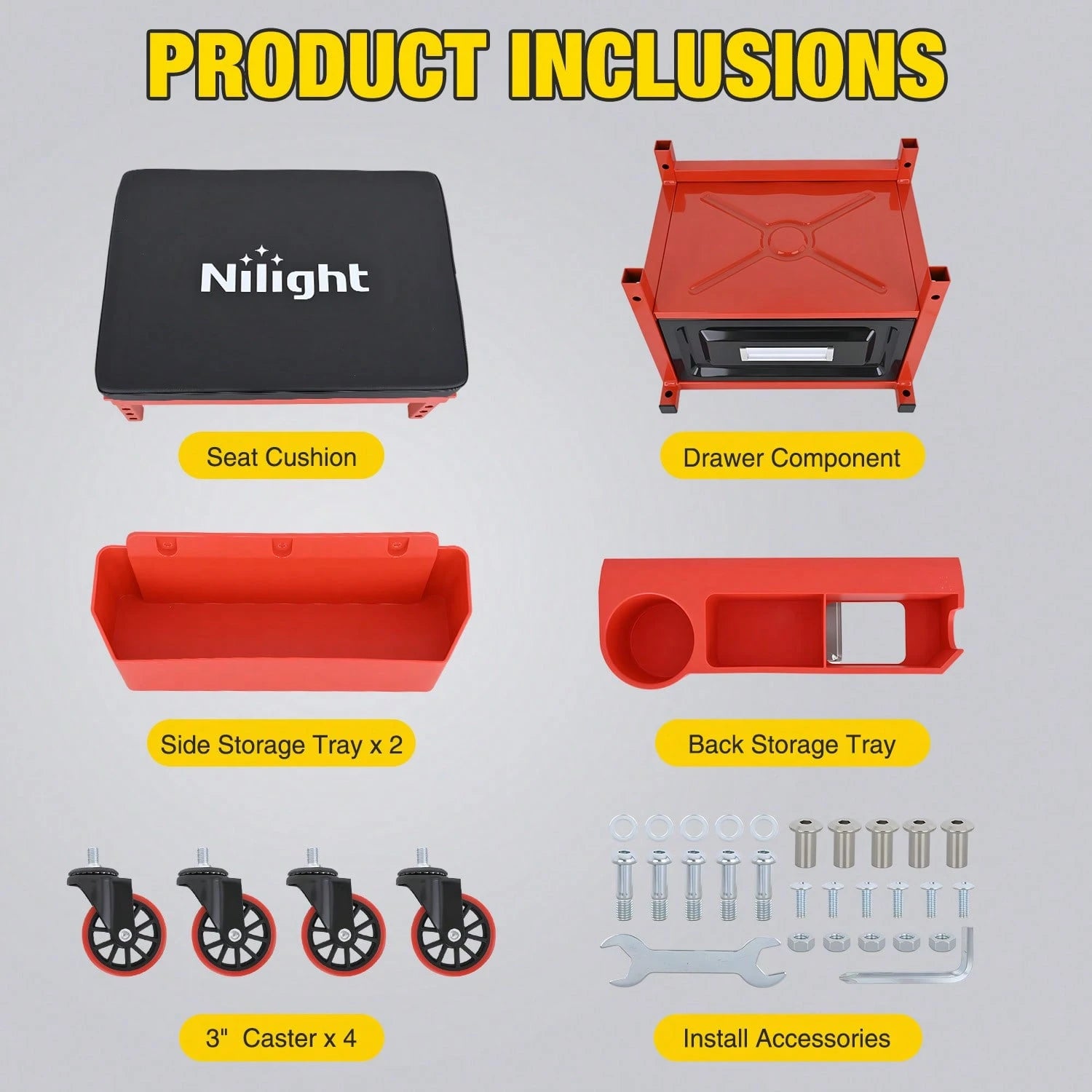 Nilight Rolling Mechanic Stool 350LBS Red Adjustable Garage Creeper Seat| Adjustable Height Three Side Storage Drawer Tool Trays Thick Padded Seat 360 Degree Casters Heavy Duty Steel For Garage Shop