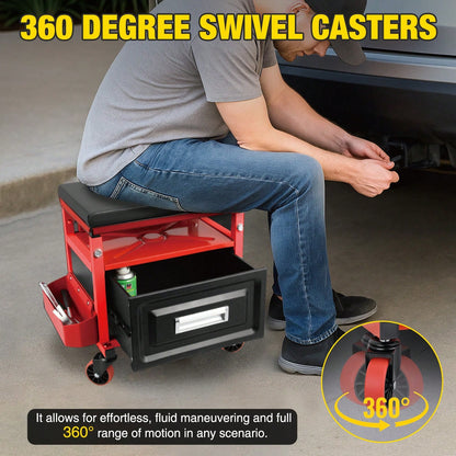 Nilight Rolling Mechanic Stool 350LBS Red Adjustable Garage Creeper Seat| Adjustable Height Three Side Storage Drawer Tool Trays Thick Padded Seat 360 Degree Casters Heavy Duty Steel For Garage Shop