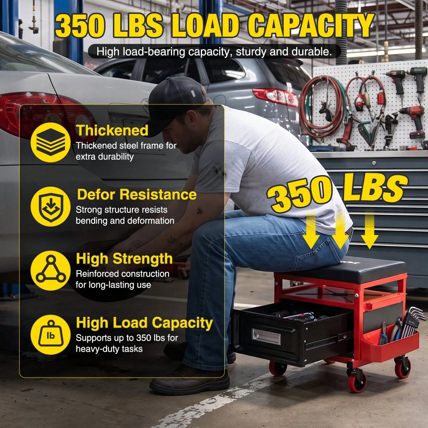 Nilight Rolling Mechanic Stool 350LBS Red Adjustable Garage Creeper Seat| Adjustable Height Three Side Storage Drawer Tool Trays Thick Padded Seat 360 Degree Casters Heavy Duty Steel For Garage Shop