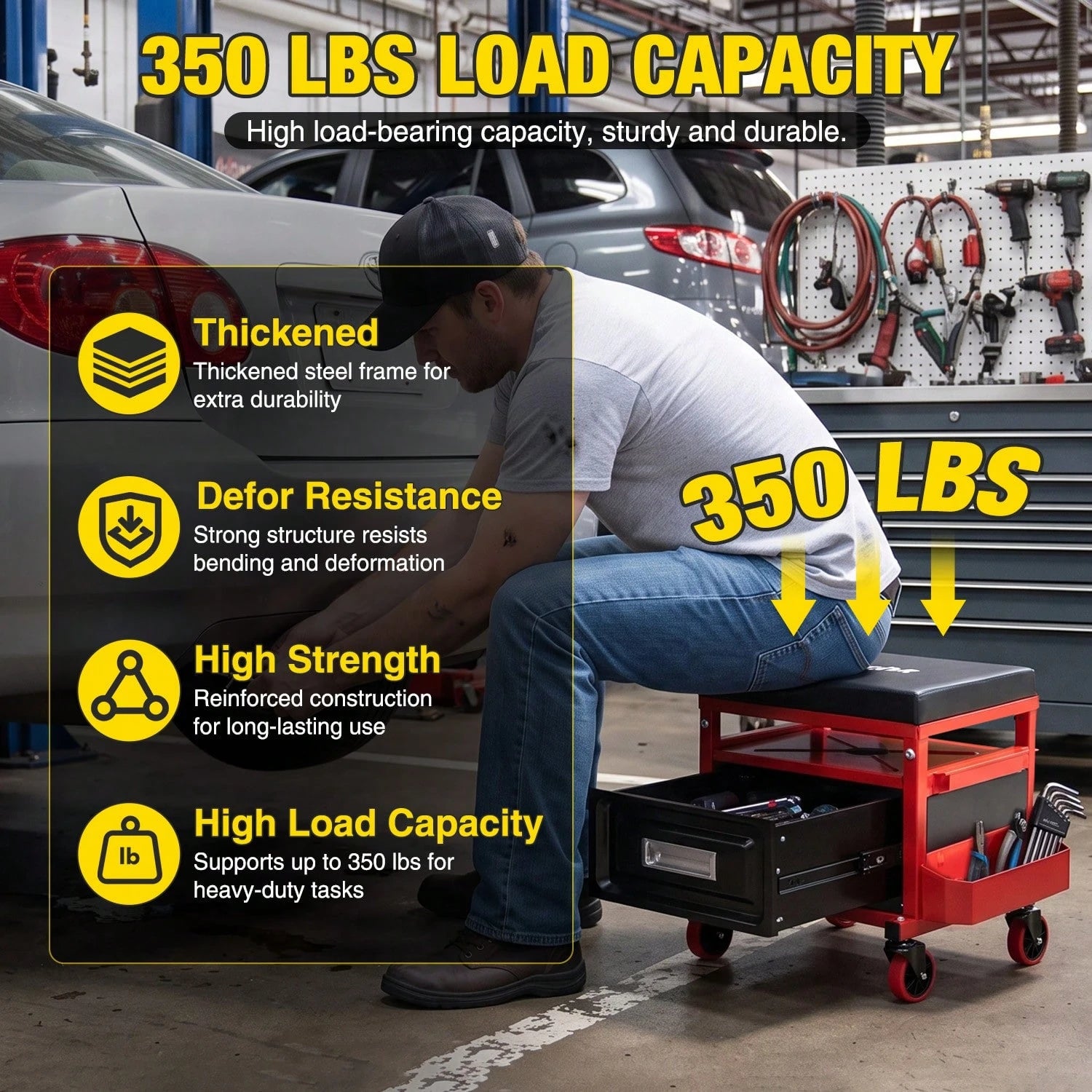 Nilight Rolling Mechanic Stool 350LBS Red Adjustable Garage Creeper Seat| Adjustable Height Three Side Storage Drawer Tool Trays Thick Padded Seat 360 Degree Casters Heavy Duty Steel For Garage Shop