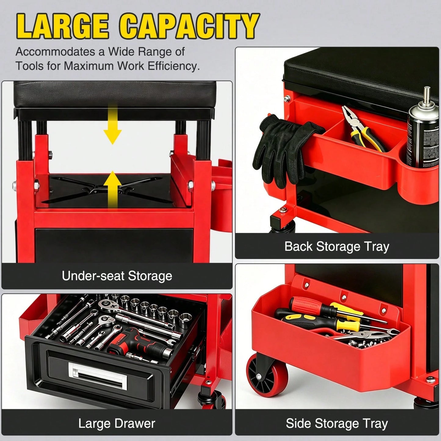 Nilight Rolling Mechanic Stool 350LBS Red Adjustable Garage Creeper Seat| Adjustable Height Three Side Storage Drawer Tool Trays Thick Padded Seat 360 Degree Casters Heavy Duty Steel For Garage Shop