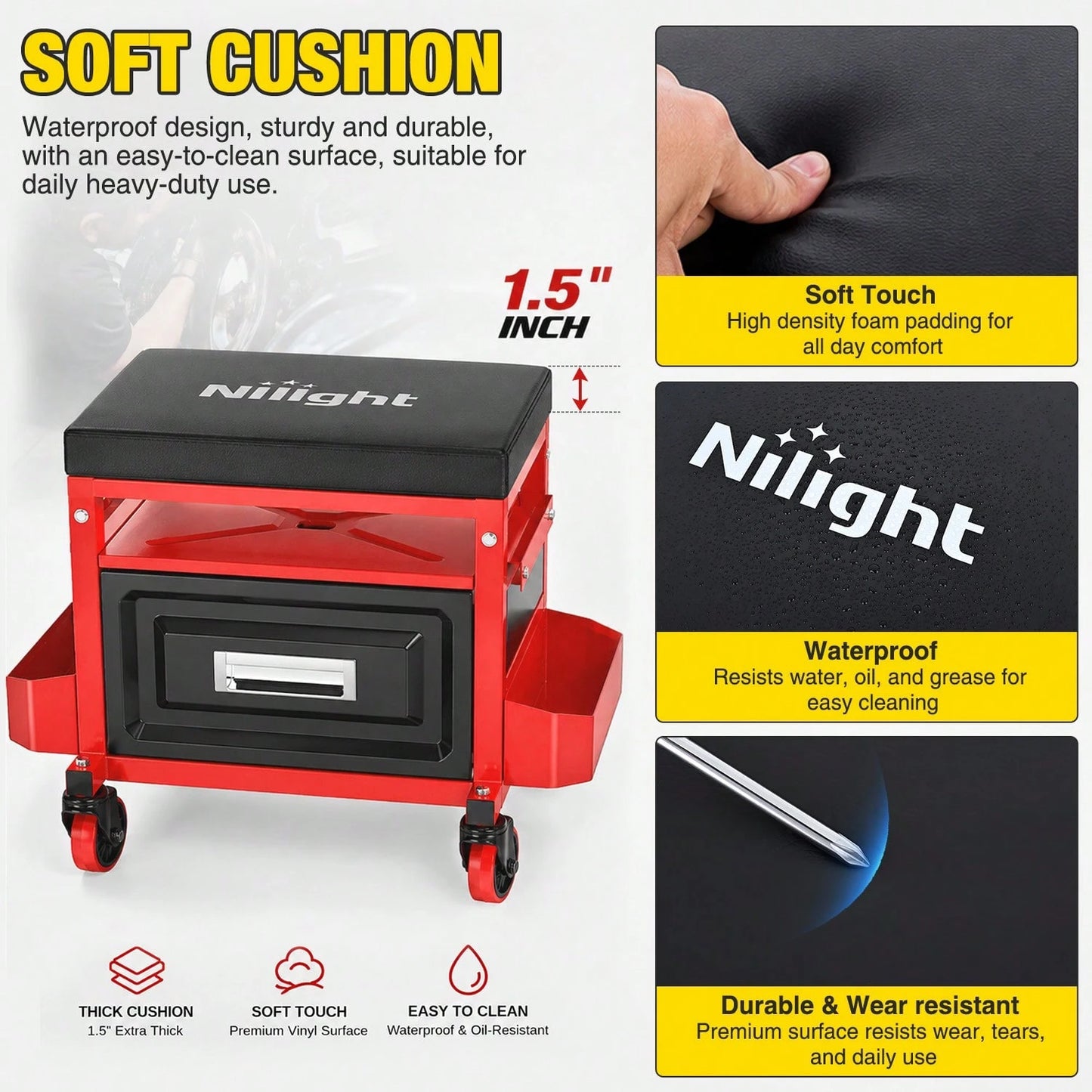 Nilight Rolling Mechanic Stool 350LBS Red Adjustable Garage Creeper Seat| Adjustable Height Three Side Storage Drawer Tool Trays Thick Padded Seat 360 Degree Casters Heavy Duty Steel For Garage Shop