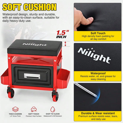 Nilight Rolling Mechanic Stool 350LBS Red Adjustable Garage Creeper Seat| Adjustable Height Three Side Storage Drawer Tool Trays Thick Padded Seat 360 Degree Casters Heavy Duty Steel For Garage Shop