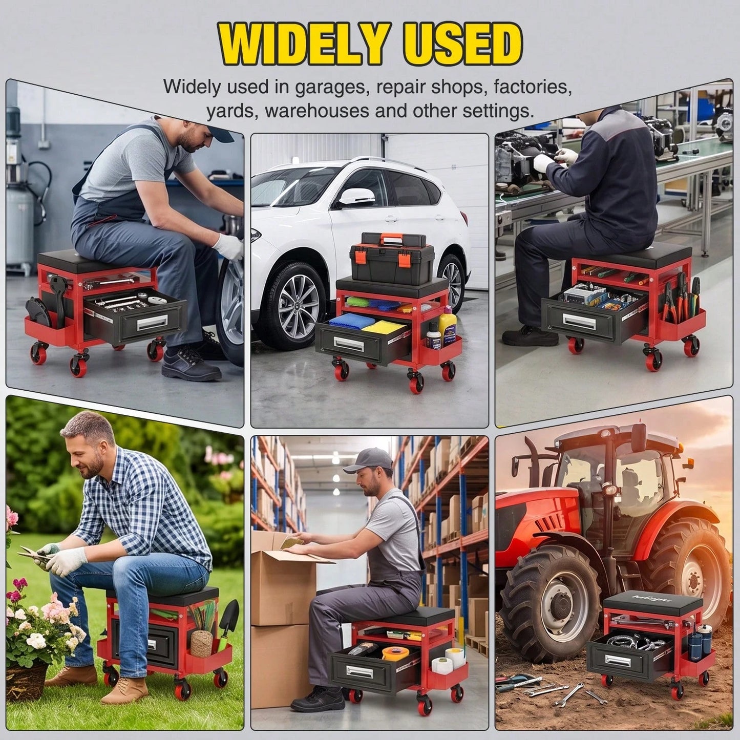 Nilight Rolling Mechanic Stool 350LBS Red Adjustable Garage Creeper Seat| Adjustable Height Three Side Storage Drawer Tool Trays Thick Padded Seat 360 Degree Casters Heavy Duty Steel For Garage Shop