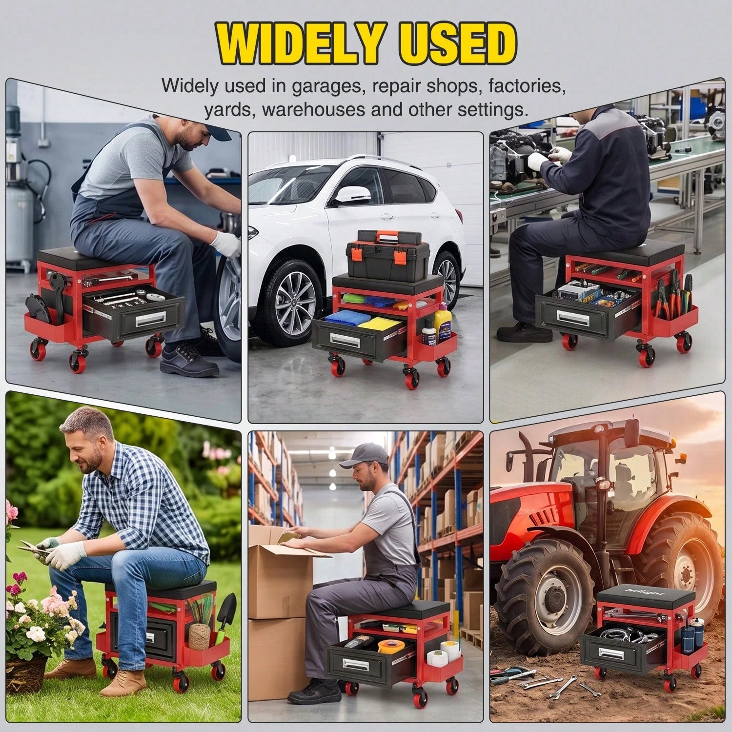 Nilight Rolling Mechanic Stool 350LBS Red Adjustable Garage Creeper Seat| Adjustable Height Three Side Storage Drawer Tool Trays Thick Padded Seat 360 Degree Casters Heavy Duty Steel For Garage Shop