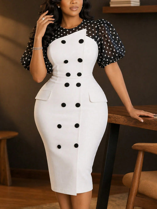 NOU Women's Mid-Length Polka Dot Print Puff Sleeve Double-Breasted Windbreaker Dress, Elegant Workwear Commute Daily Wear, Waist Cinched Pencil Skirt With Slit To Flatter Silhouette, Solid Color Elega