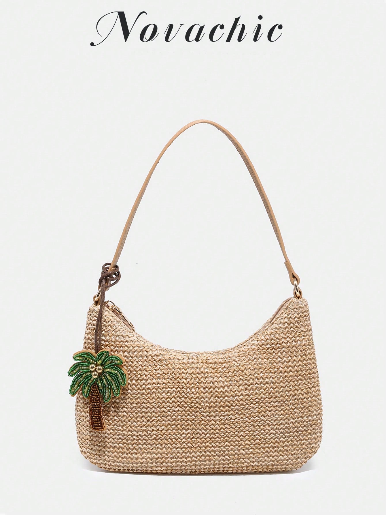 Novachic, Minimalist Woven Style, Floral Decor Pendant, Beaded Pendant, Starfish Chain Decor, Summer Bag, Beach Vacation Style, Women's Zipper Shoulder Bag, Underarm Bag, Hobo Bag, Suitable For Daily