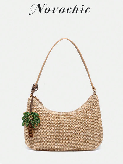 Novachic, Minimalist Woven Style, Floral Decor Pendant, Beaded Pendant, Starfish Chain Decor, Summer Bag, Beach Vacation Style, Women's Zipper Shoulder Bag, Underarm Bag, Hobo Bag, Suitable For Daily