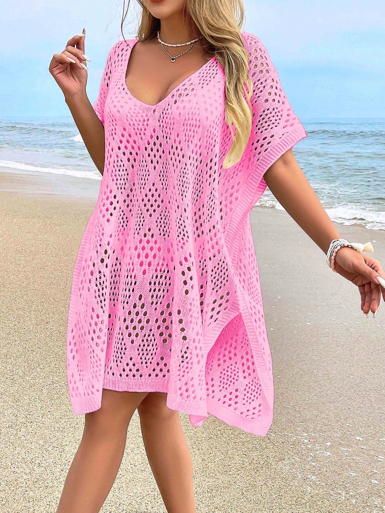 NZZOF Women's Fashion Casual Hollow Out Coverup (Bikini Not Included) Vacation Beach Pink Summer