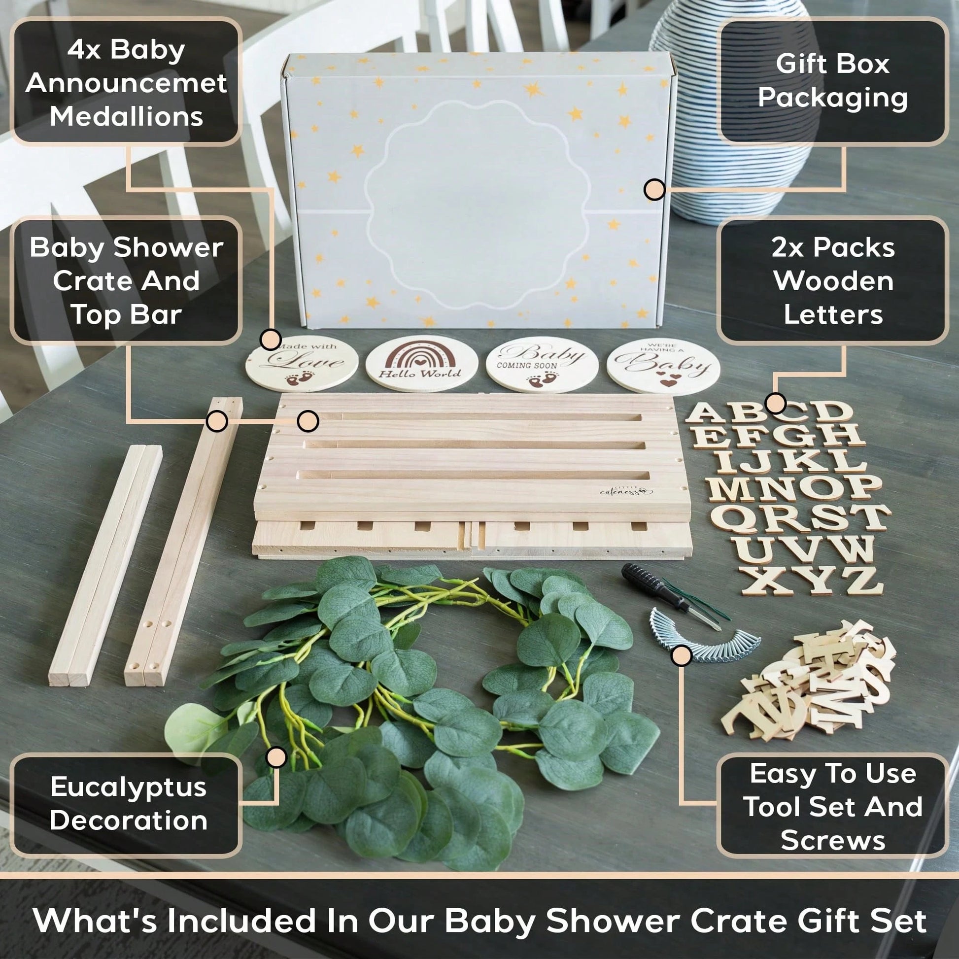 Oaoleer 1PC Wooden Baby Shower Crate Closet- Customizable Wooden Crate Box With Dual Rod System, Personalized Baby Shower Basket Alphabet Letters