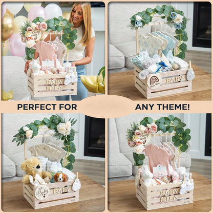 Oaoleer 1PC Wooden Baby Shower Crate Closet- Customizable Wooden Crate Box With Dual Rod System, Personalized Baby Shower Basket Alphabet Letters