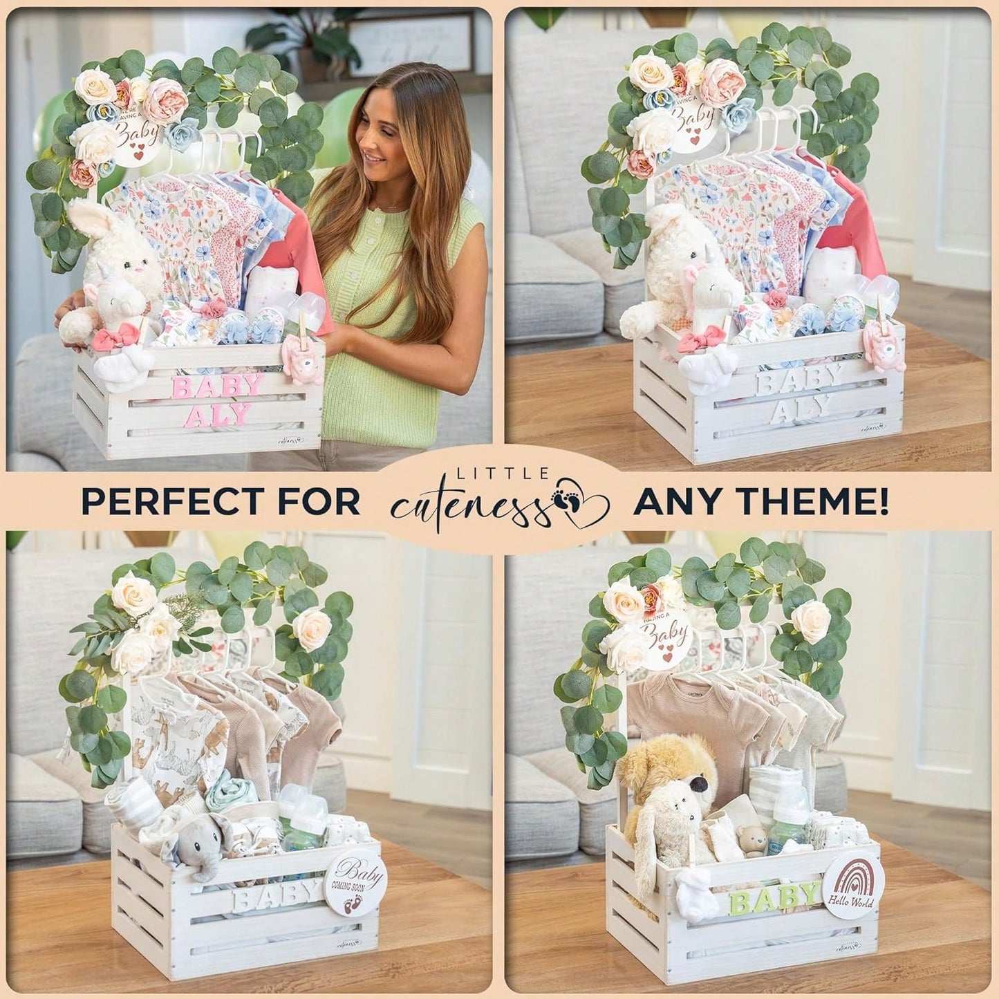 Oaoleer 1PC Wooden Baby Shower Crate Closet- Customizable Wooden Crate Box With Dual Rod System, Personalized Baby Shower Basket Alphabet Letters