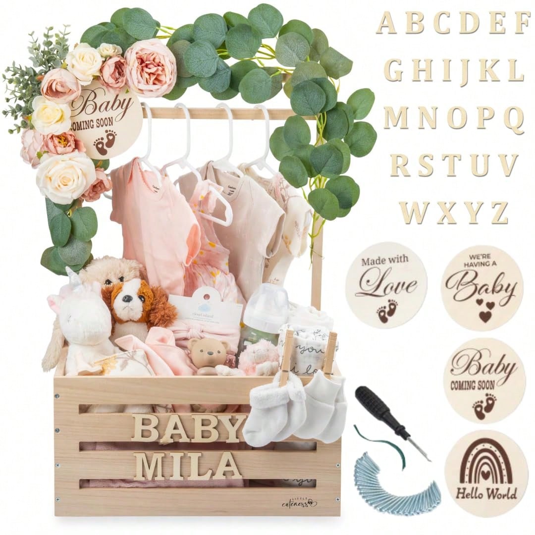 Oaoleer 1PC Wooden Baby Shower Crate Closet- Customizable Wooden Crate Box With Dual Rod System, Personalized Baby Shower Basket Alphabet Letters