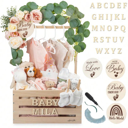 Oaoleer 1PC Wooden Baby Shower Crate Closet- Customizable Wooden Crate Box With Dual Rod System, Personalized Baby Shower Basket Alphabet Letters