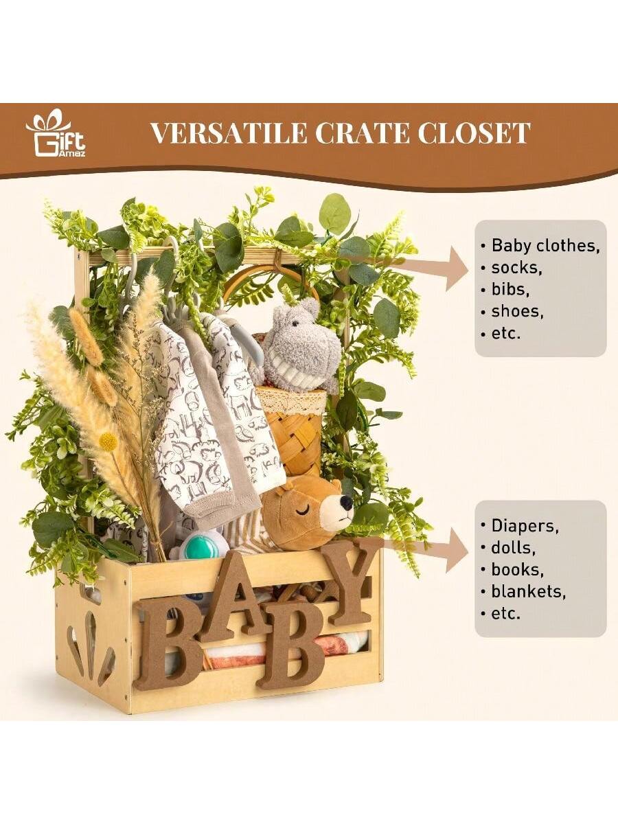 Oaoleer 1pcs Wooden Baby Shower Crate Closet, Baby Storage Crate With Handle, Basket For Baby Shower Gifts, Welcome Gift Basket For Newborn Boys Girls