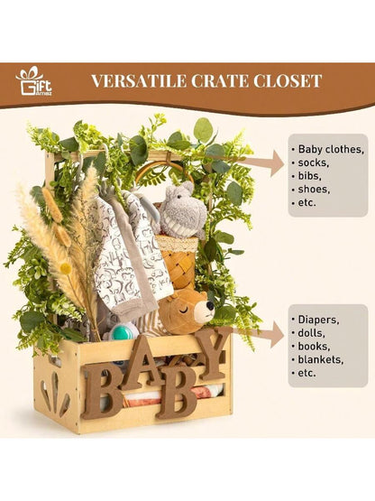 Oaoleer 1pcs Wooden Baby Shower Crate Closet, Baby Storage Crate With Handle, Basket For Baby Shower Gifts, Welcome Gift Basket For Newborn Boys Girls