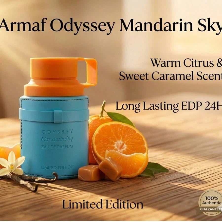 Odyssey Mandarin Sky Limited Edition By Armaf EDP 100ml/3.4oz Spray Cologne Men- Long-Lasting Warm Citrus & Caramel Fragrance With Amber, Tonka Bean, Sage & Woods| Luxury Arabian Designer Brand Full