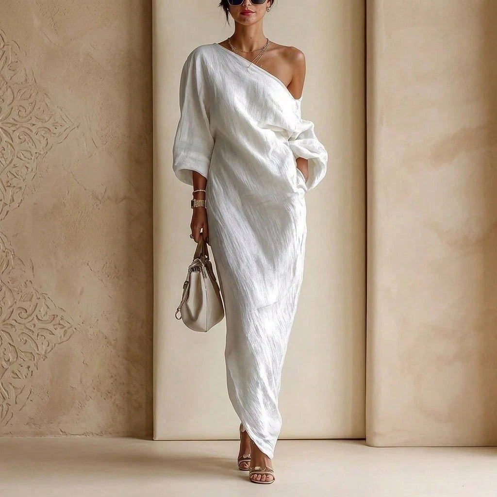 One Shoulder Maxi Dress Asymmetrical Off Shoulder Batwing Long Sleeve Side Pocket Loose Fit Elegant Casual Chic For Daily Wear Resort Vacation Semi