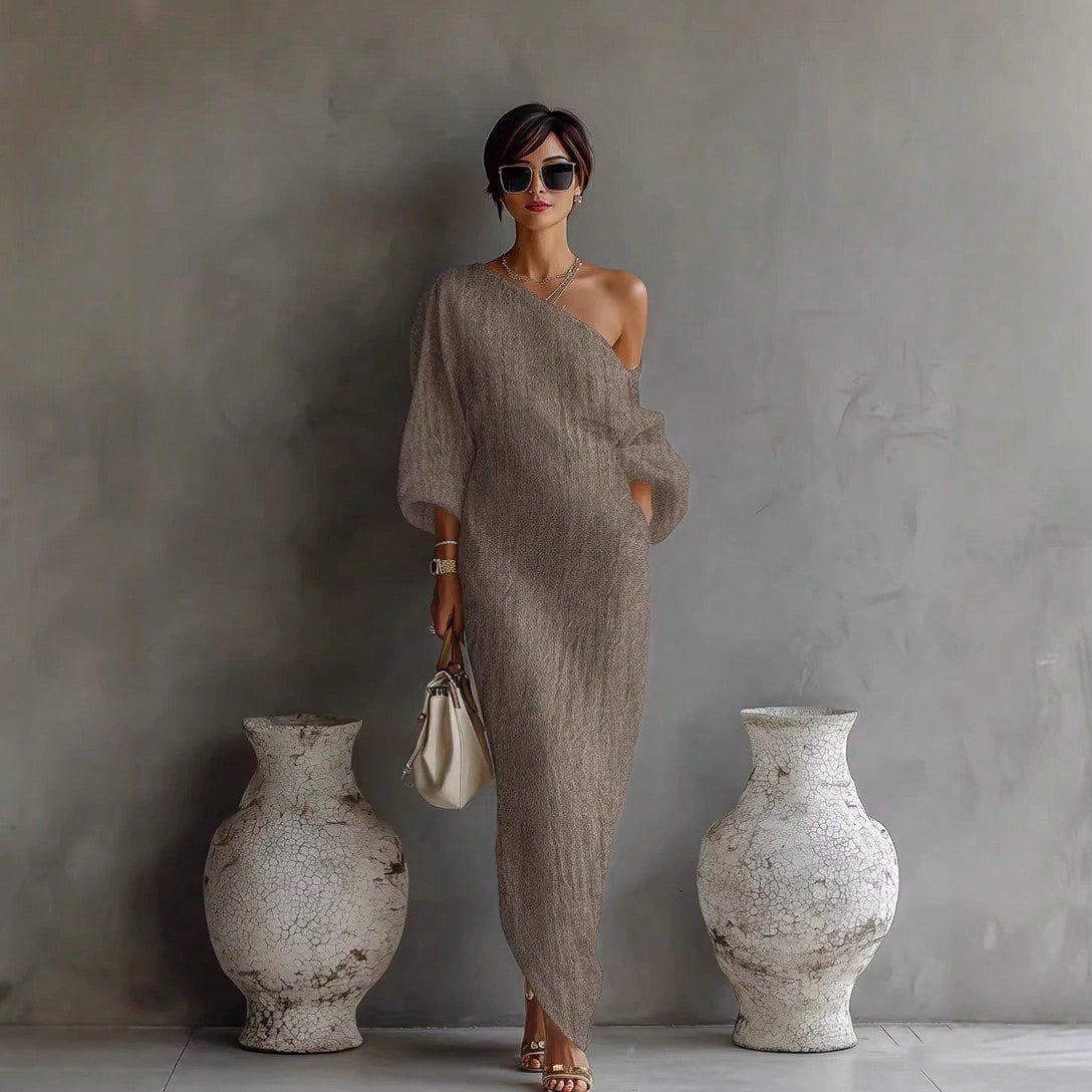 One Shoulder Maxi Dress Asymmetrical Off Shoulder Batwing Long Sleeve Side Pocket Loose Fit Elegant Casual Chic For Daily Wear Resort Vacation Semi