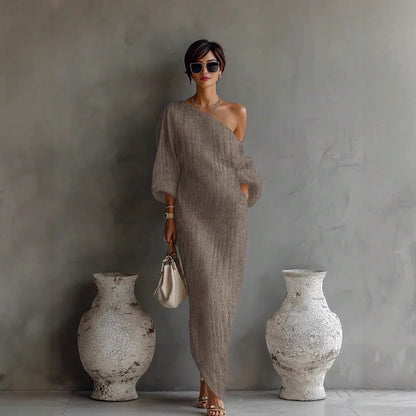One Shoulder Maxi Dress Asymmetrical Off Shoulder Batwing Long Sleeve Side Pocket Loose Fit Elegant Casual Chic For Daily Wear Resort Vacation Semi
